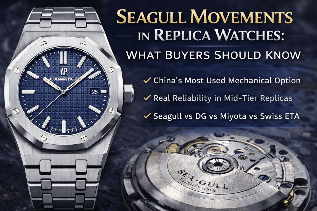 Seagull automatic movement cover image for replica watches, featuring an Audemars Piguet Royal Oak 15510ST.OO.1320ST.06 style watch and a Seagull movement close-up