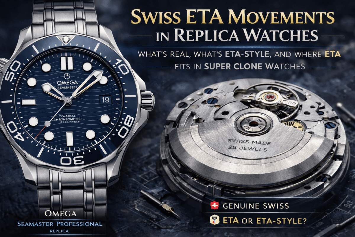 Swiss ETA automatic movement close-up with a luxury dive watch visual, explaining Swiss ETA movements in replica watches and how ETA fits in super clone watches