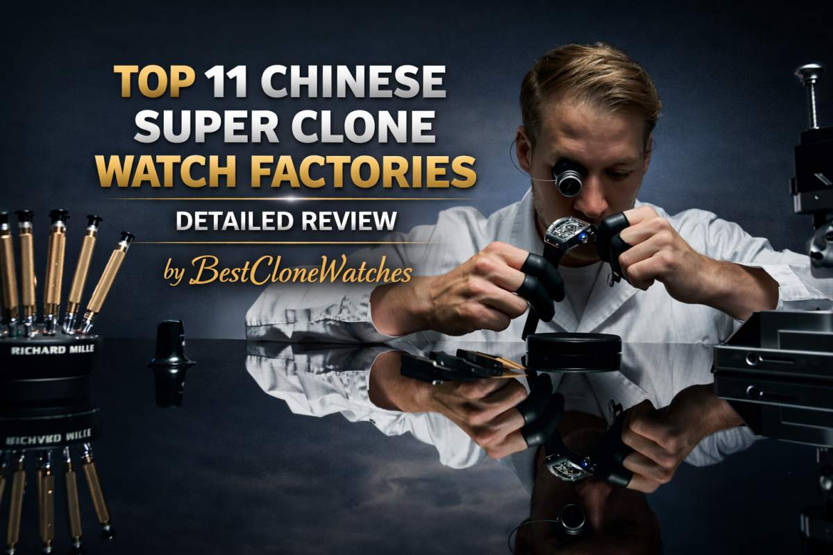 Top 11 Chinese super clone watch factories detailed review banner with mechanical movement, factory complex, and China skyscraper