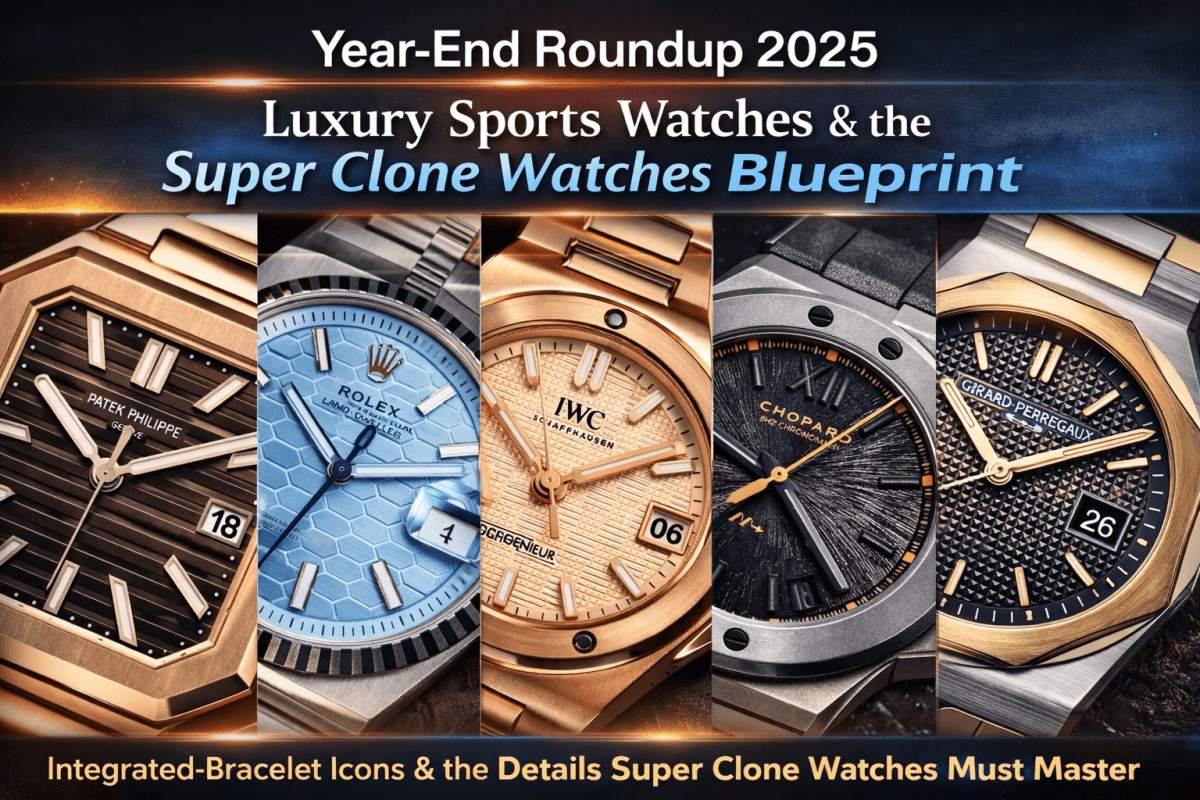 Year-end roundup 2025 luxury sports watches collage highlighting integrated-bracelet icons and Super Clone Watches blueprint
