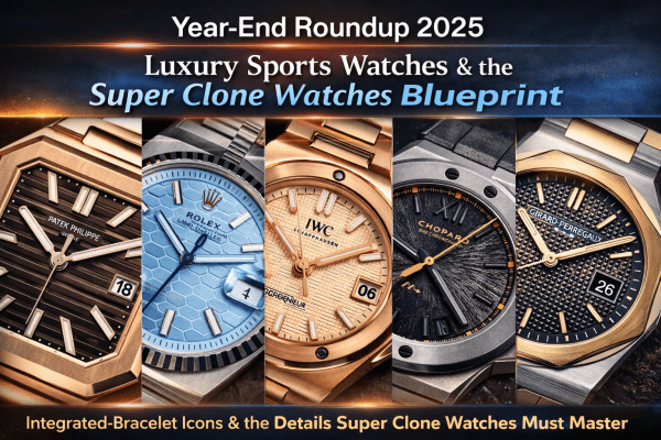 Year-end roundup 2025 luxury sports watches collage highlighting integrated-bracelet icons and Super Clone Watches blueprint