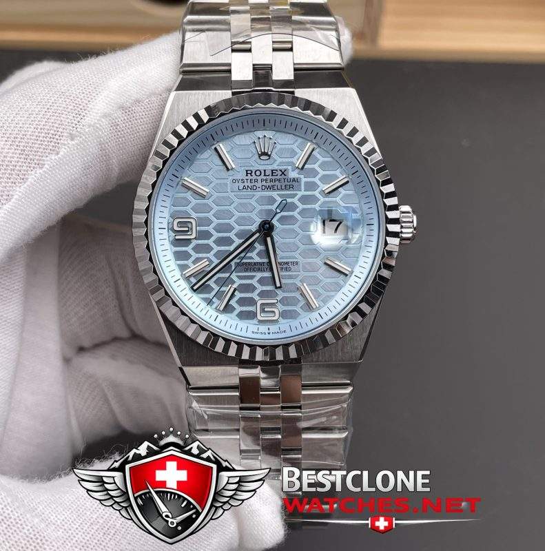 ES Rolex Land Dweller Ice Blue Dial Front View (Full Watch Display)