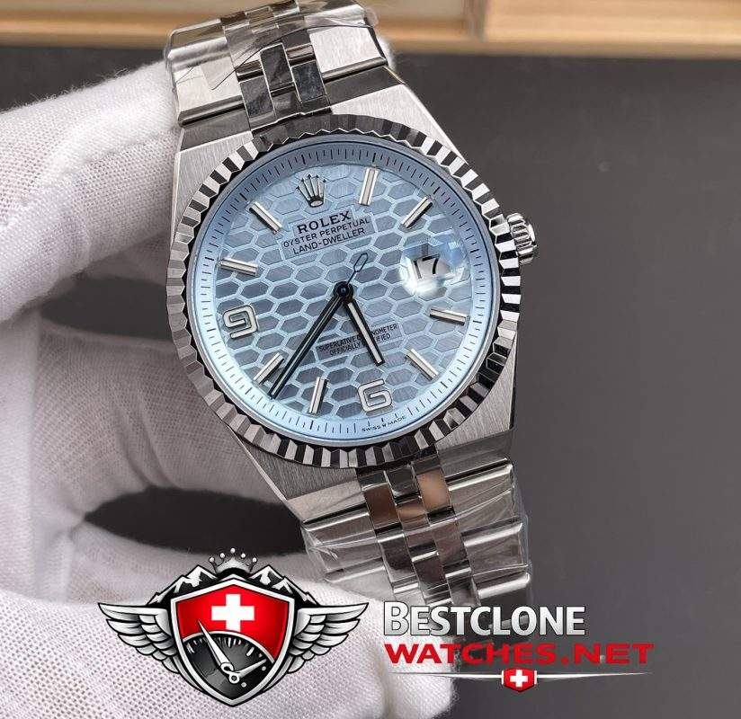 ES Rolex Land Dweller Ice Blue Dial Laser Engraving Detail