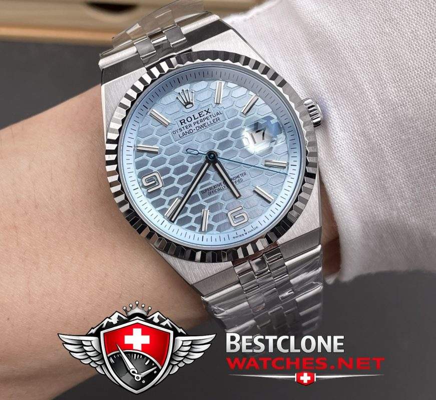 ES Rolex Land Dweller On Wrist Shot Ice Blue Dial