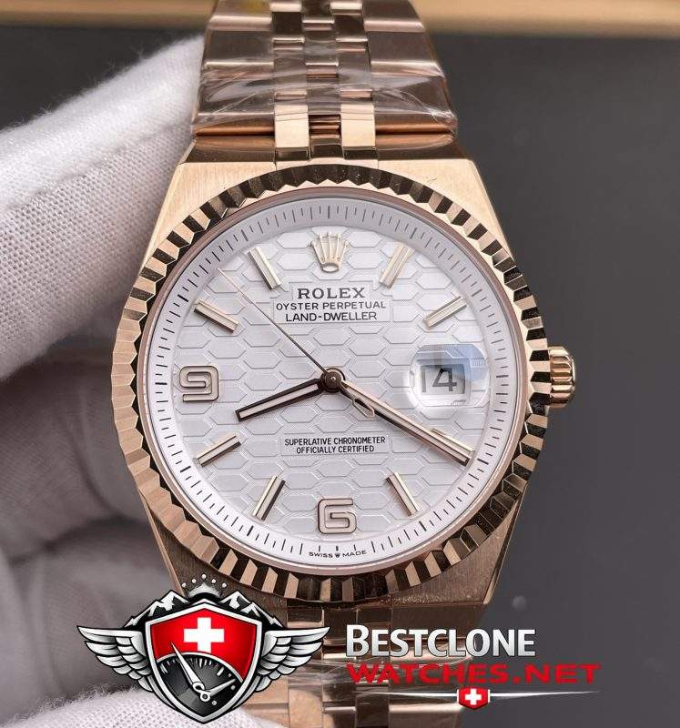 ES Rolex Land Dweller Rose Gold Dial Laser Engraving Detail