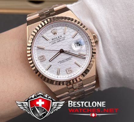 ES Rolex Land Dweller Rose Gold On Wrist Shot