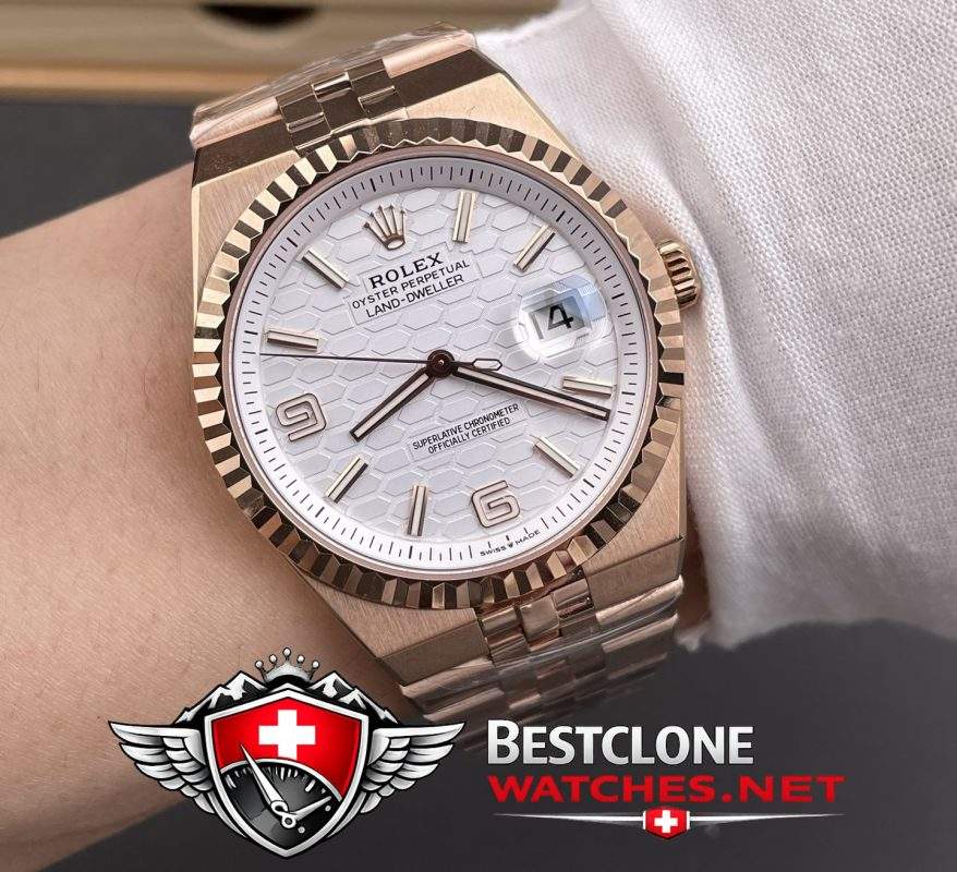 ES Rolex Land Dweller Rose Gold On Wrist Shot