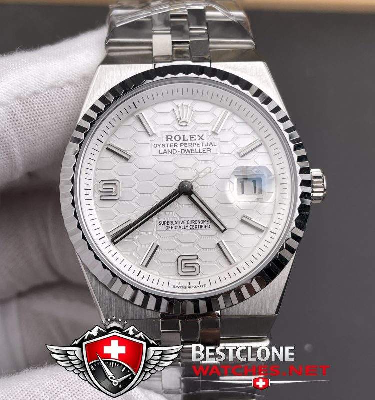 ES Rolex Land Dweller White Dial Close Up (Honeycomb Texture Detail)