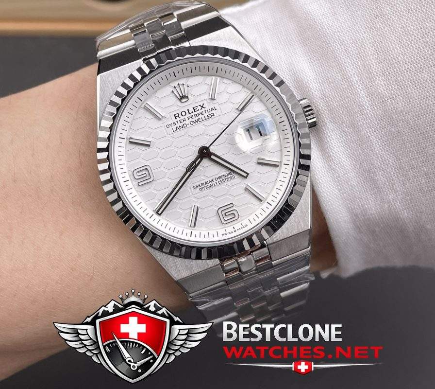 ES Rolex Land Dweller White Dial On Wrist Shot