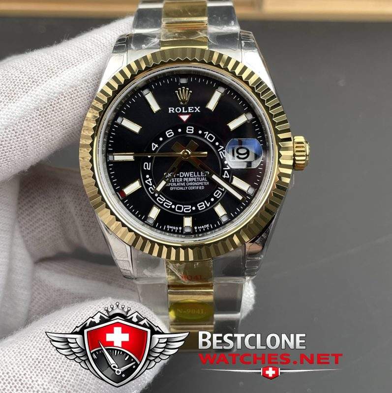 NOOB Two Tone Rolex Sky Dweller Black Dial Front View
