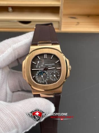 Patek Philippe Nautilus 5712R 001 Super Clone Watch – Brown Dial Rose Gold Rubber Strap Moonphase Power Reserve (1)