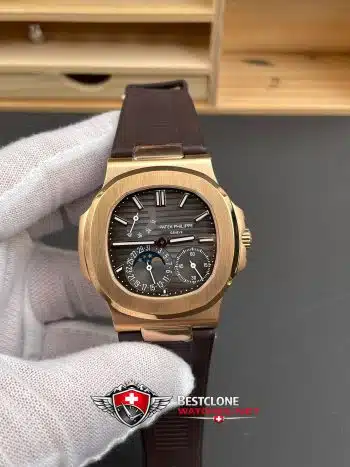 Patek Philippe Nautilus 5712R 001 Super Clone Watch – Brown Dial Rose Gold Rubber Strap Moonphase Power Reserve (1)