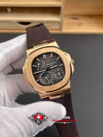Patek Philippe Nautilus 5712R 001 Super Clone Watch – Brown Dial Rose Gold Rubber Strap Moonphase Power Reserve (2)