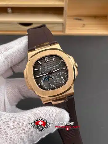 Patek Philippe Nautilus 5712R 001 Super Clone Watch – Brown Dial Rose Gold Rubber Strap Moonphase Power Reserve (2)