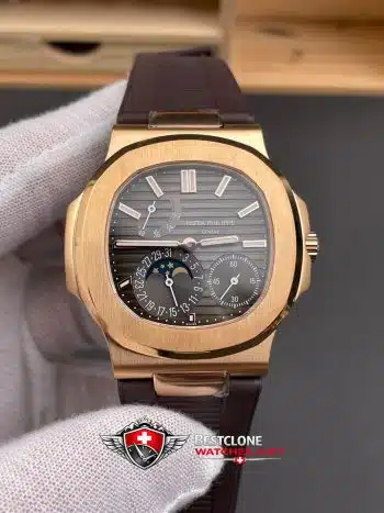 Patek Philippe Nautilus 5712R 001 Reloj Super Clon - Esfera Marrón Oro Rosa Correa de caucho Fase lunar Reserva de marcha (3)