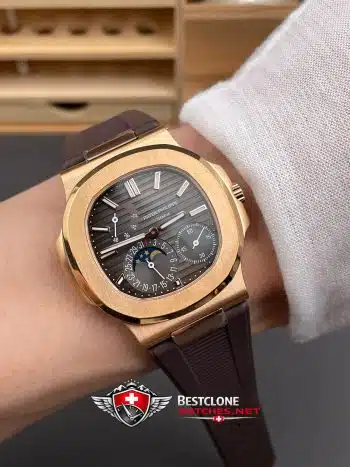 Patek Philippe Nautilus 5712R 001 Super Clone Watch – Brown Dial Rose Gold Rubber Strap Moonphase Power Reserve (9)
