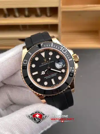 Rolex Yacht Master 18k Rose Gold Super Clone Swiss Reloj Replica OysterFlex Correa de caucho Ref 126655 3235 Movimiento Suizo (3)