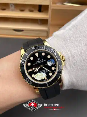Rolex Yacht Master 18k Yellow Gold Super CloneSwiss Replica Watch OysterFlex Rubber Strap Ref 226658 3235 Swiss Movement (1)