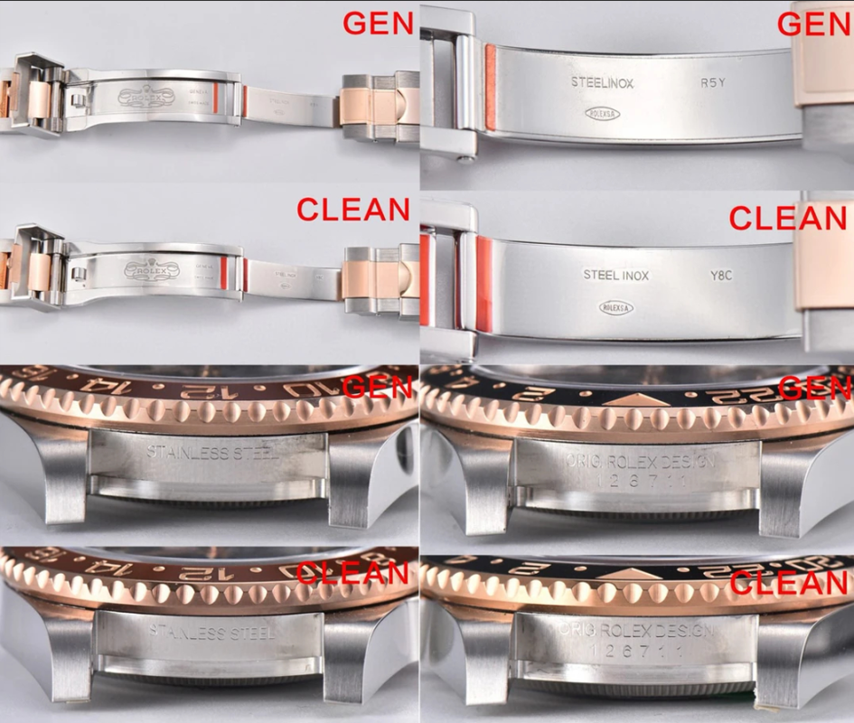 clean factory vs gen rolex gmt master ii 126711 root beer clasp rehaut engraving comparison
