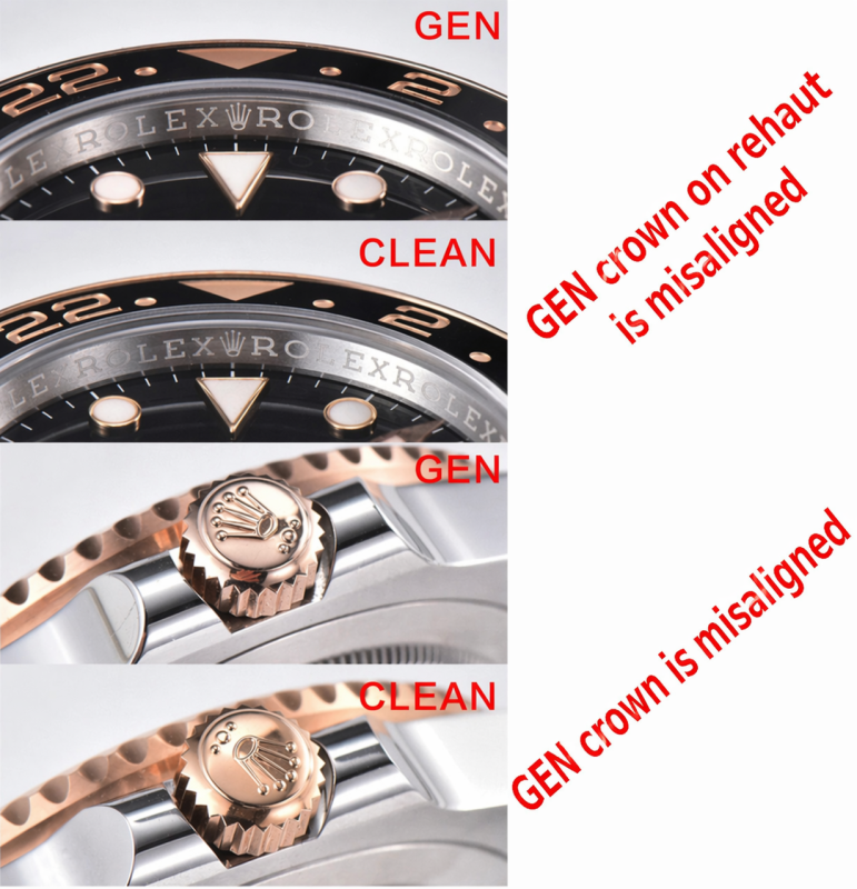 clean factory vs gen rolex gmt master ii 126711 root beer rehaut crown alignment comparison