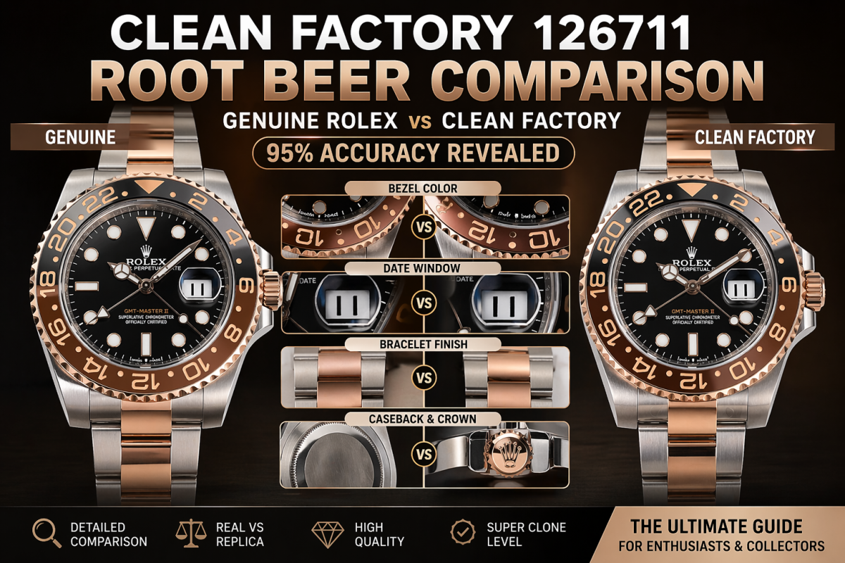 Clean Factory vs Rolex 126711 Root Beer comparison showing genuine vs replica details including bezel, dial, and bracelet