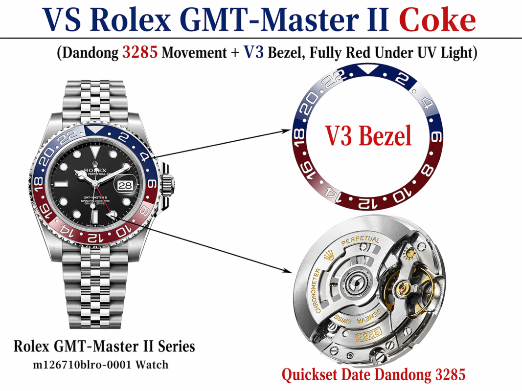 vs rolex gmt master ii coke dandong 3285 v3 bezel overview