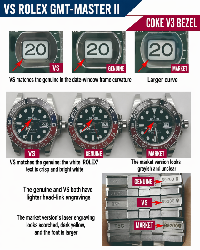 vs rolex gmt master ii coke v3 date window dial print bracelet engraving comparison