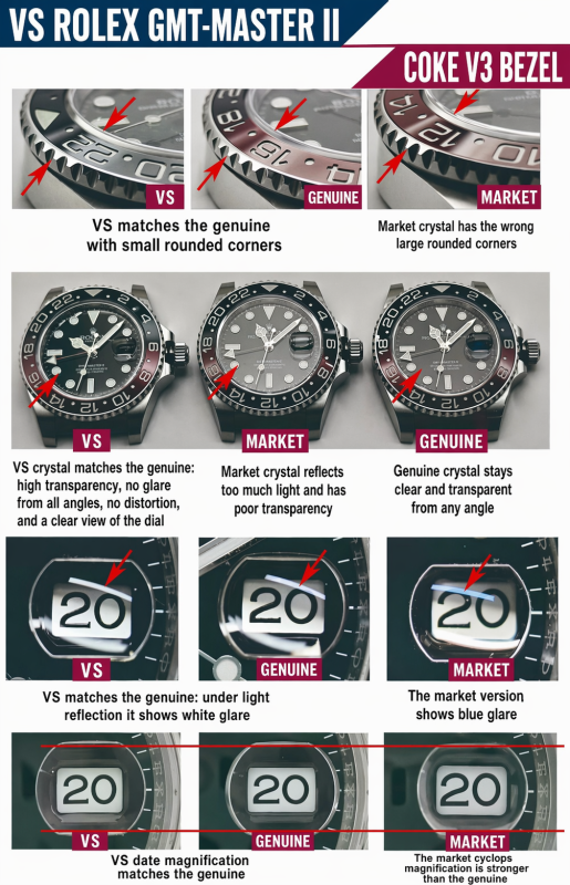 vs rolex gmt master ii coke v3 date window rolex text bracelet code comparison