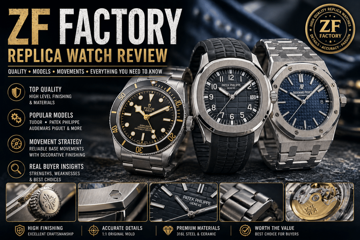 ZF Factory replica watches including Tudor Black Bay, Audemars Piguet Royal Oak, and Patek Philippe Aquanaut with detailed finishing