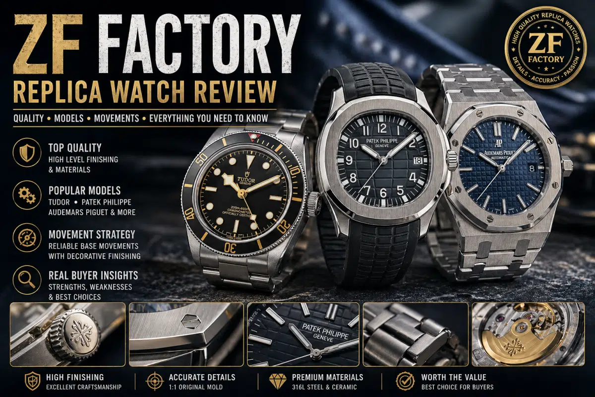 ZF Factory replica watches including Tudor Black Bay, Audemars Piguet Royal Oak, and Patek Philippe Aquanaut with detailed finishing