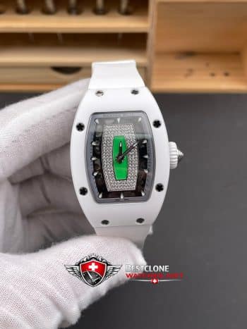 Richard Mille RM07 01 Cerámica Blanca Super Clon Reloj - Diamond Dial Labios Verdes 11 Ladies Replica (1)