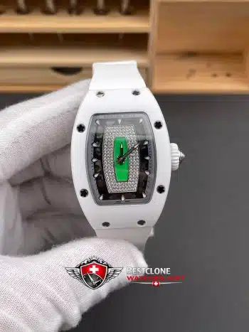 Richard Mille RM07 01 Cerámica Blanca Super Clon Reloj - Diamond Dial Labios Verdes 11 Ladies Replica (1)