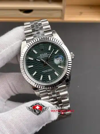 Rolex Datejust 41 Green Wave Dial Super Clone Watch 126334 Jubilee Fluted Bezel (7)