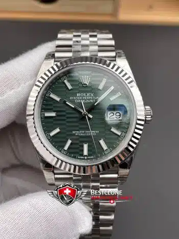 Rolex Datejust 41 Green Wave Dial Super Clone Watch 126334 Jubilee Fluted Bezel (8)