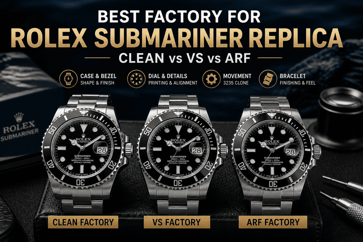 Comparación de Clean Factory, VS Factory y ARF Factory Rolex Submariner réplica de relojes mostrando bisel, esfera, movimiento y pulsera diferencias
