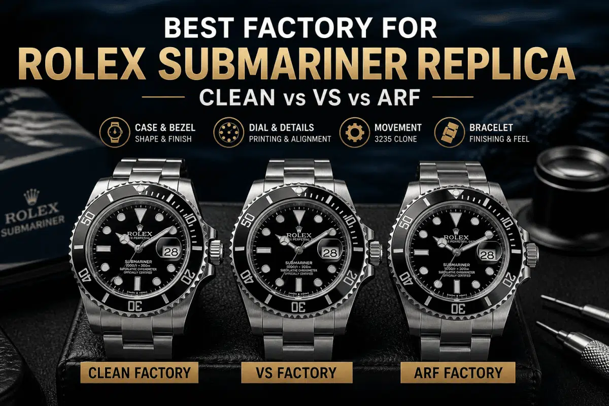 Comparación de Clean Factory, VS Factory y ARF Factory Rolex Submariner réplica de relojes mostrando bisel, esfera, movimiento y pulsera diferencias